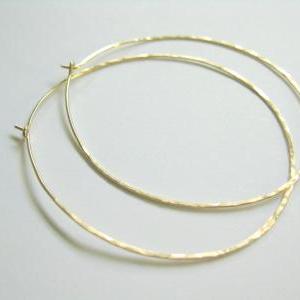 Thin Hammered Gold Hoop Earrings, Large 14k Gold..