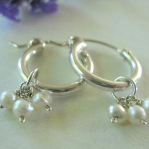 Silver Hoop Earrings, Freshwater Pearl Earrings,..