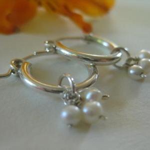 Silver Hoop Earrings, Freshwater Pearl Earrings,..