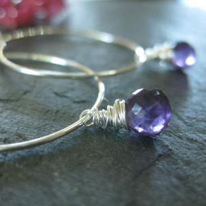 Purple Amethyst Hoop Earrings, Sterling Silver..
