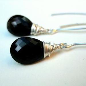Smokey Quartz Earrings, Black Gemstone Wire..