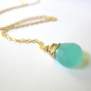 Aqua Blue Chalcedony And Gold Necklace. 14k Gold..