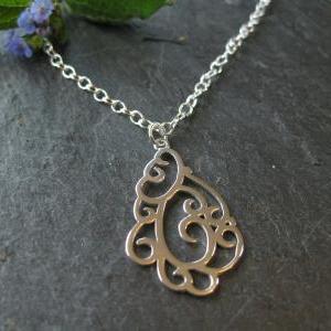 Sterling Swirly Pendant Necklace, Silver Oval Link..