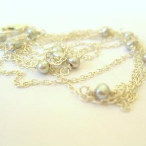 Long Pearl Necklace/ Sterling Silver And Pearl..