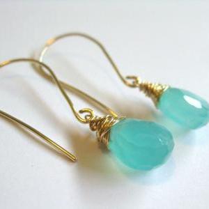 Aqua Blue Chalcedony Earrings, Gold And Blue..