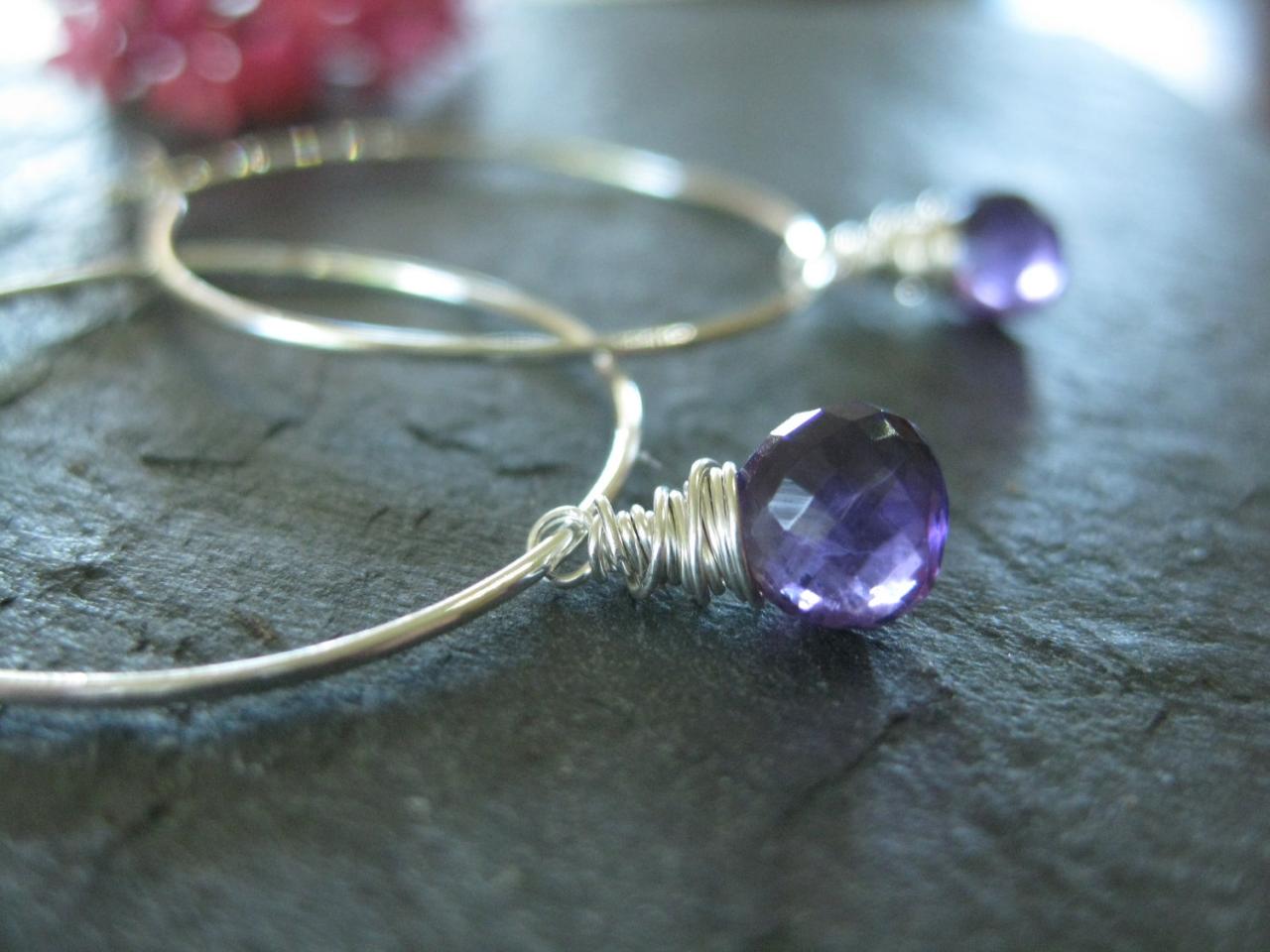 Purple Amethyst Hoop Earrings, Sterling Silver Hoop