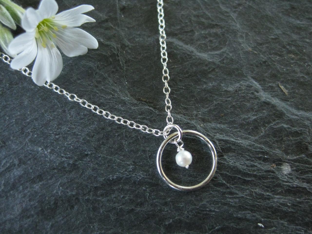 Pearl Necklace, Tiny Natural Pearl Necklace, Silver Circle, Wedding Jewelry