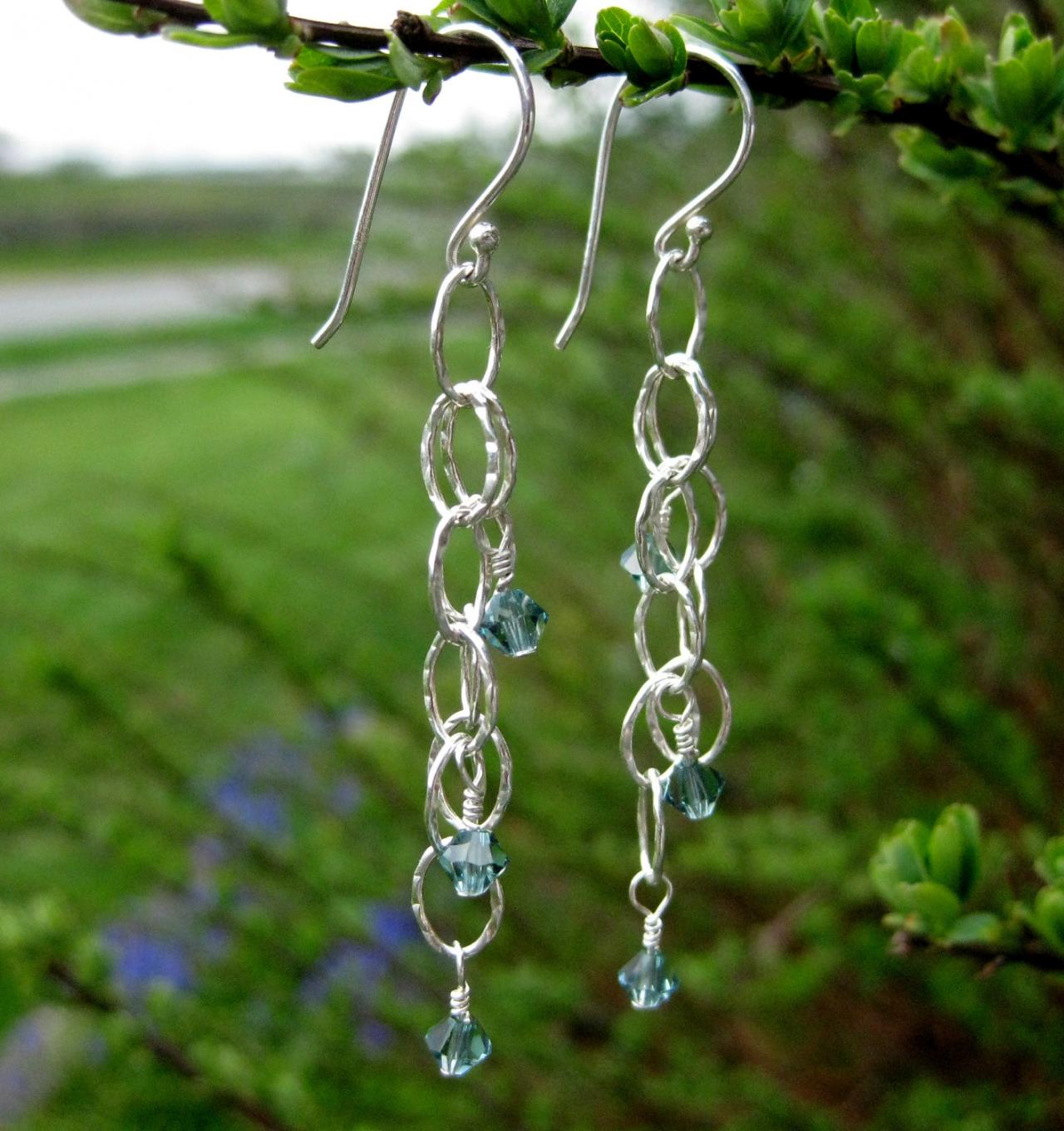Long Chain Earrings, Hammered Chain With Crystals, Rain Drop Cascade