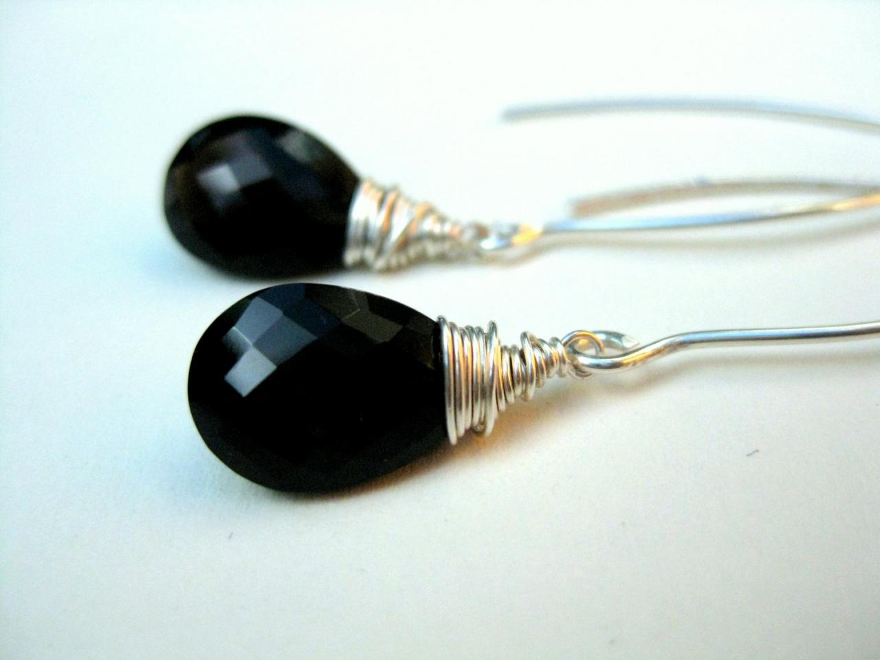 Smokey Quartz Earrings, Black Gemstone Wire Wrapped Dangle Earrings