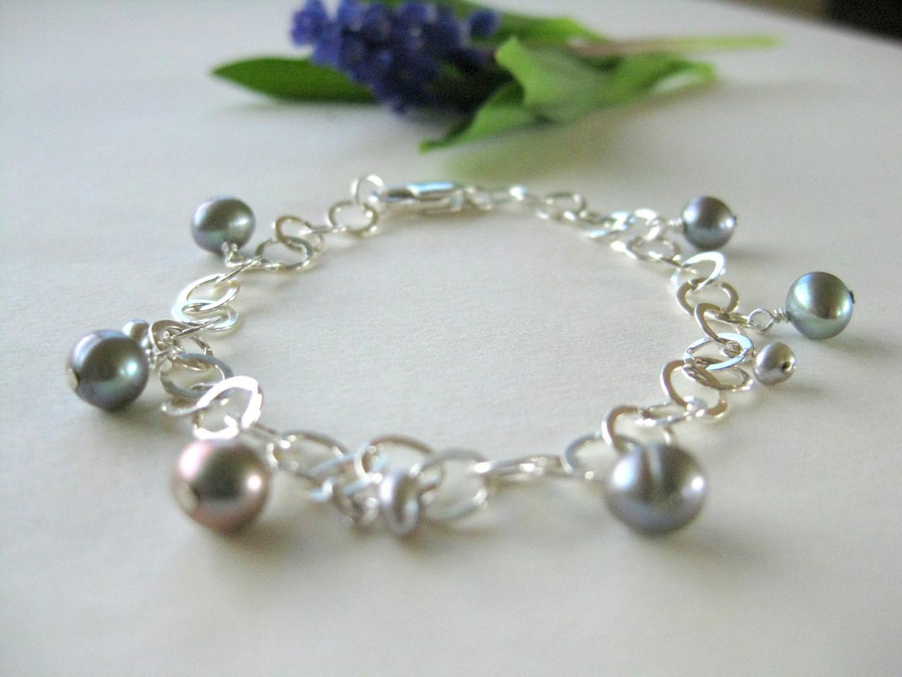 Pearl And Sterling Silver Chain Bracelet, Grey Green Shimmering Freshwater Pearls