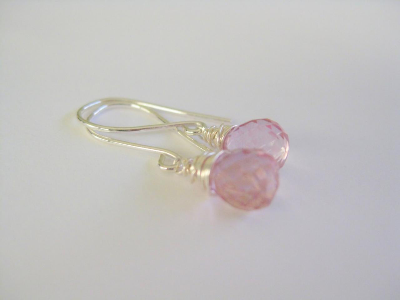 Sterling Silver Wrapped Pink Mystic Quartz Gemstone Dangle Earrings. Simple Everyday Or Wedding Party Earrings.