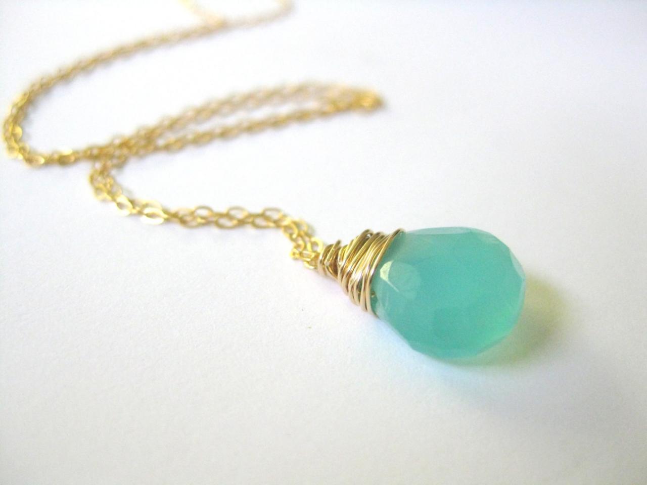 Aqua Blue Chalcedony And Gold Necklace. 14k Gold Filled Wire Wrapped Semi-precious Chalcedony Gemstone On Fine Gold Chain.