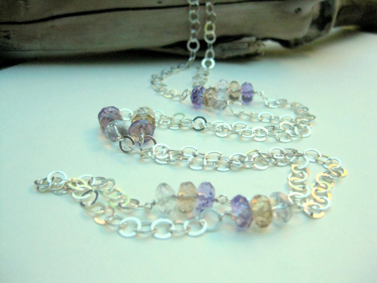 Long Ametrine Necklace, Sterling Silver Circle Chain With Multicolor Ametrine Gemstones.