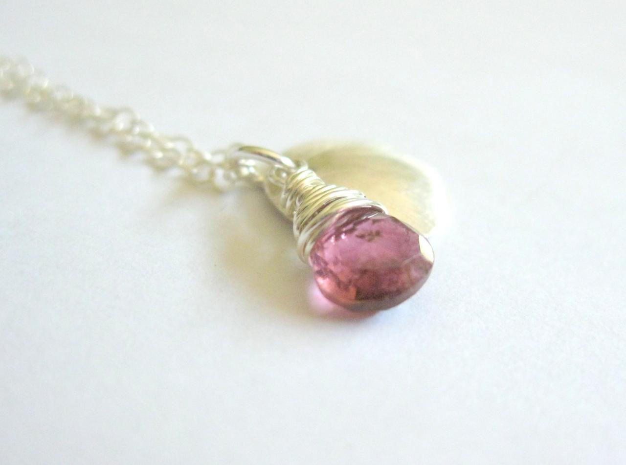 Pink Gemstone Necklace/ Pink Tourmaline Silver Disc Necklace