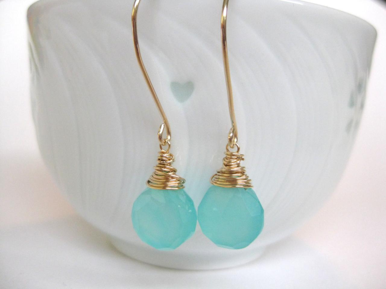Aqua Blue Chalcedony Earrings, Gold And Blue Gemstone Dangle Earrings
