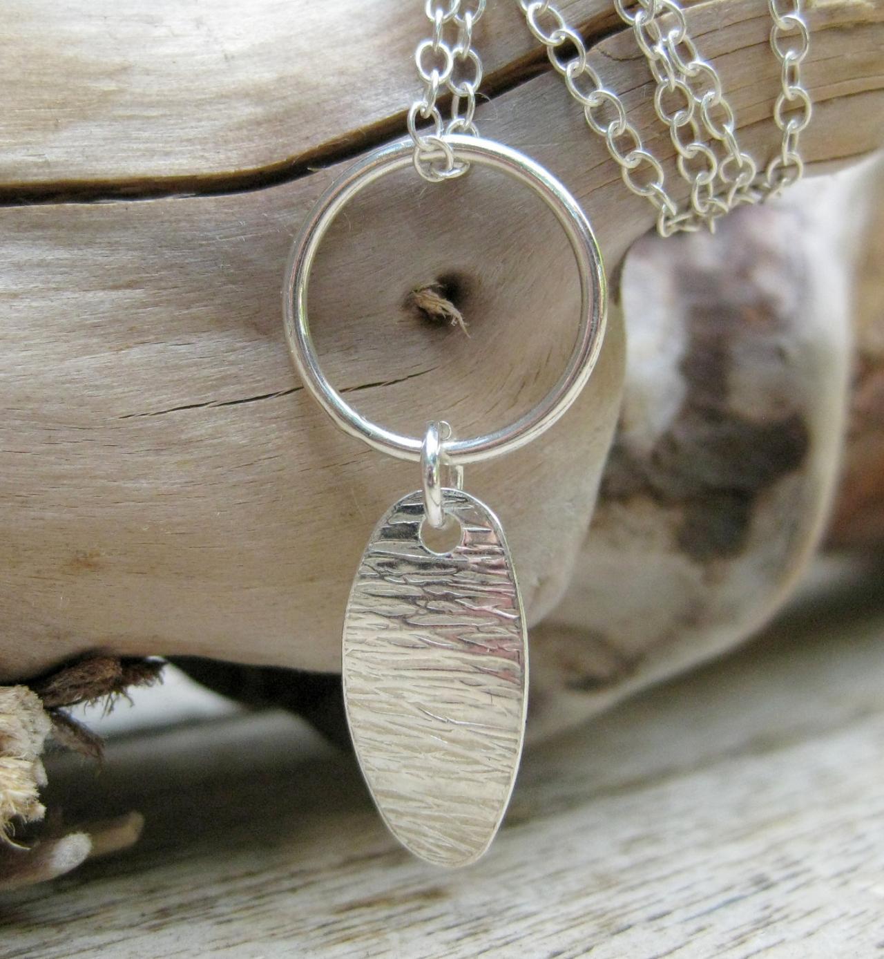 Silver Pendant Necklace, Sterling Silver Hammered Oval And Hoop Pendant