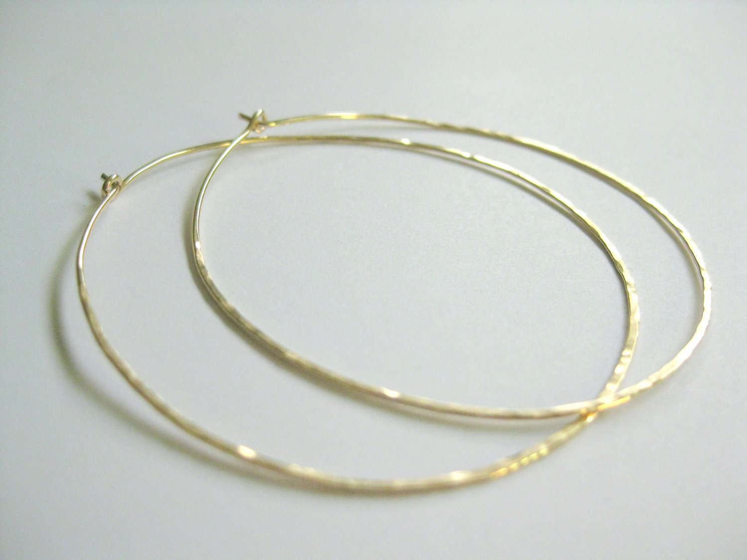 Thin Hammered Gold Hoop Earrings, Large 14k Gold Filled Hoops on Luulla