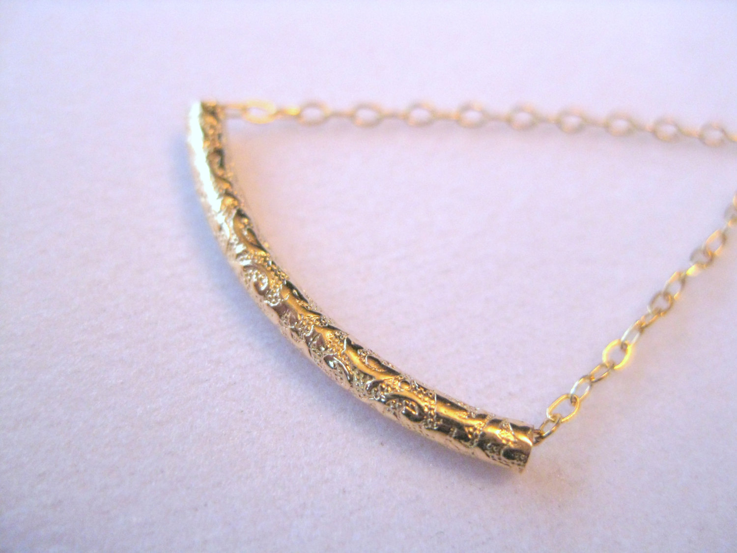 Gold Tube Necklace, Patterned Tube Pendant Necklace on Luulla